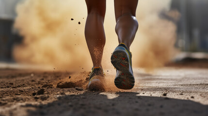 Woman running on asphalt road, detail to her trainer shoe from behind, some sand or mud flying in...
