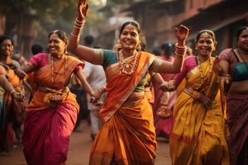 Indian women dancing on the streets in traditional clothes - obrazy, fototapety, plakaty