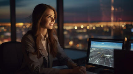 Woman working as air traffic controller. Female sitting at airport control tower, screens near her, blurred evening landscape with runway background - obrazy, fototapety, plakaty