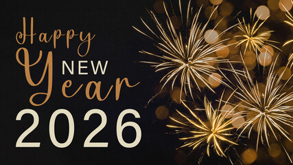 HAPPY NEW YEAR 2026 - Festive silvester New Year's Eve Sylvester Party concept background greeting card with text - Golden yellow fireworks in the dark black blue night