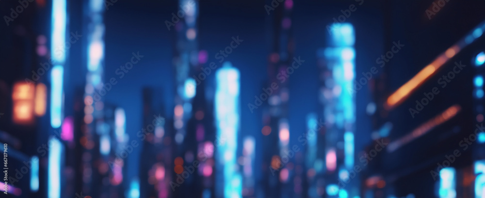 Wall mural abstract night lights of a modern futuristic cityscape. defocused image of a dark street. tall build