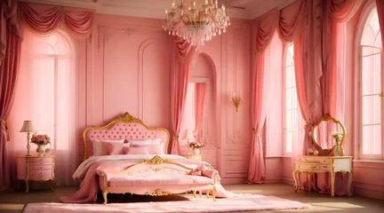 Fotobehang Interior design of a luxurious pink room for princess, chandelier full of crystals, vases with flowers, bright cozy bedroom, royal villa room © Nemanja