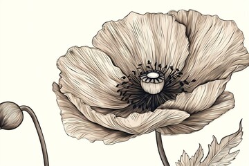 Simple illustration of a poppy flower in black lines. Generative AI - obrazy, fototapety, plakaty