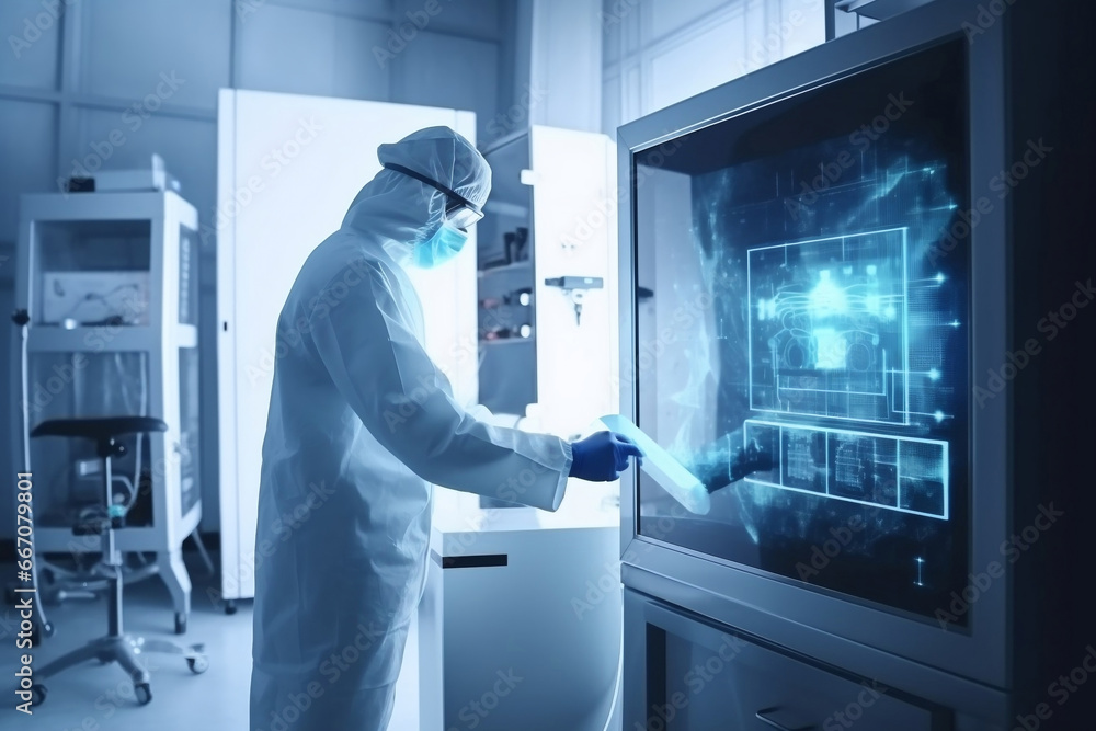 Aufkleber functioning medical technology with worker in lab generative ai