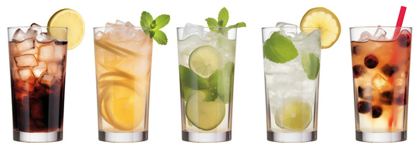 Cocktails. Gin, tonic, lemonade, limeade, grapefruit, orange, soda, mint leaves, cucumber, and spicy herbs in wine glasses isolated on transparent background. Cocktail bash in the summer. - obrazy, fototapety, plakaty