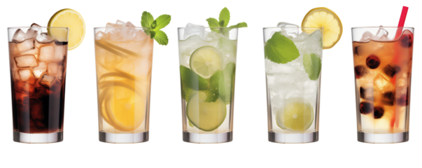 Cocktails. Gin, tonic, lemonade, limeade, grapefruit, orange, soda, mint leaves, cucumber, and spicy herbs in wine glasses isolated on transparent background. Cocktail bash in the summer.