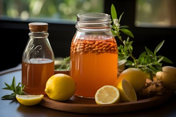 Homemade probiotic-rich kombucha in a bottle served with lemon