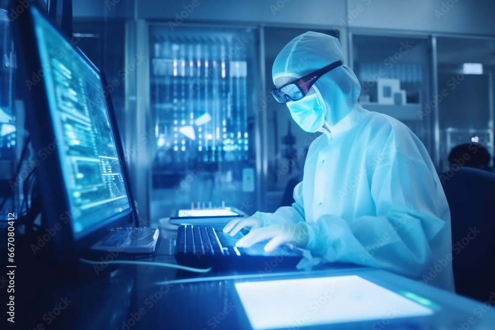 Aufkleber functioning medical technology with worker in lab generative ai