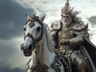 White horseman of apocalypse warrior in golden armor riding white horse AI