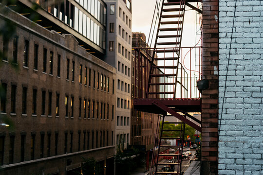 A view of fire stairs in one of the red brick buildings in New York City, United States.