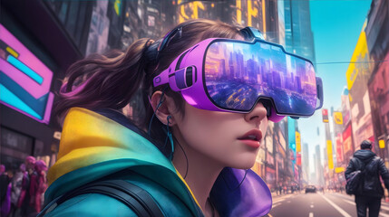 A girl wears a virtual reality Headset displaying a virtual world superimposed on a city street with neon lights and many people.