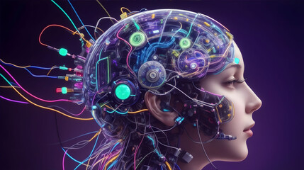A human head with circuitry and wires, hinting at the merging of human consciousness with advanced brain-computer interfaces.