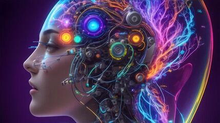 A human head with circuitry and wires, hinting at the merging of human consciousness with advanced brain-computer interfaces.