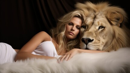 Luxury Woman Lounging Fearlessly Alongside a Majestic Lion, Symbolizing Strength and Opulence- Power and Elegance - Powered by Adobe