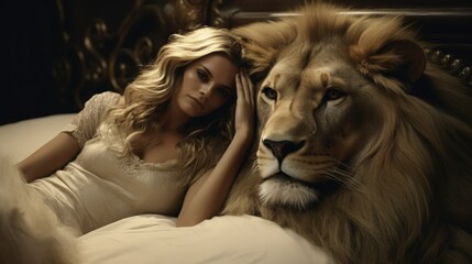 Luxury Woman Lounging Fearlessly Alongside a Majestic Lion, Symbolizing Strength and Opulence- Power and Elegance