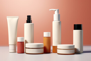 Cosmetic packaging containers for skincare on store shelf, skin care set for daily routine. Beauty product mock-up. Set of unbranded bottles and tubes for design packaging. Beauty and spa concept