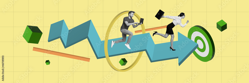 Aufkleber collage sketch image of purposeful colleagues running achieving target aim isolated painting backgro