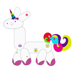 Cute unicorn character with stickers.  Vector illustration cartoon for birtday, invitation, baby shower card, banner. Hand drawn