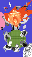 Obraz premium Stress. Angry businessman with lion head shouting at employees. Mistakes in projects, irrelevant, bad job. Contemporary art collage. Concept of business, office, employment, success, innovations