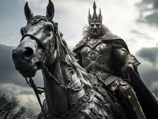 White horseman of apocalypse warrior in white golden armor riding white horse AI - obrazy, fototapety, plakaty