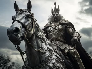 Fotobehang White horseman of apocalypse warrior in white golden armor riding white horse AI © Vitalii But