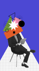 Employee sitting on chair and working on tablet. Learning news skills and working on projects. Contemporary art collage. Concept of business, office, employment, success, innovations