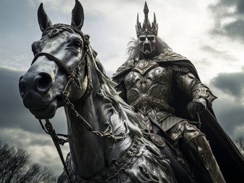 White horseman of apocalypse warrior in white golden armor riding white horse AI © Vitalii But