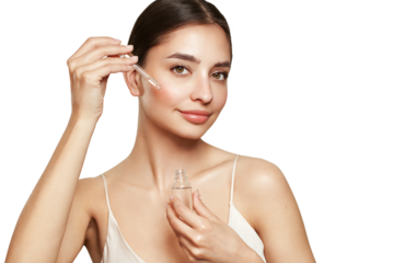 Beautiful elegant woman holding a cosmetic jar of oil serum or hyaluronic acid in her hand. Perfect facial skin