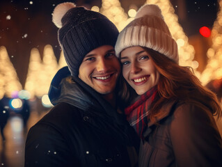 pareja de hombre y mujer jovenes con gorros de lana haciéndose un selfie sobre fondo desenfocado dorado con decoración navideña