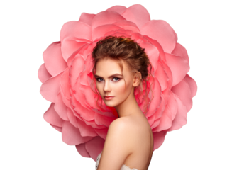 Beautiful woman on the background of a large flower. Beauty summer model girl with pink peony. Young woman with elegant hairstyle and makeup. Fashion photo