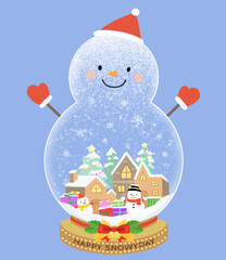 Snowman-shaped snowball illustration featuring a cute village