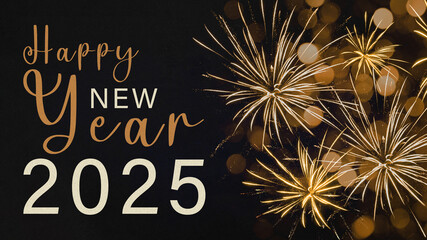HAPPY NEW YEAR 2025 - Festive silvester New Year's Eve Sylvester Party concept background greeting card with text - Golden yellow fireworks in the dark black blue night