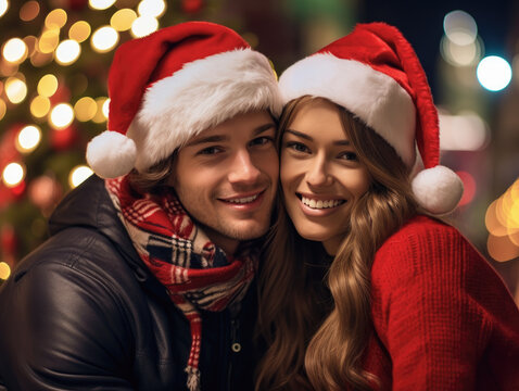 pareja de hombre y mujer jovenes con gorros de pap&aacute; noel haci&eacute;ndose un selfie sobre fondo desenfocado con decoraci&oacute;n navide&ntilde;a