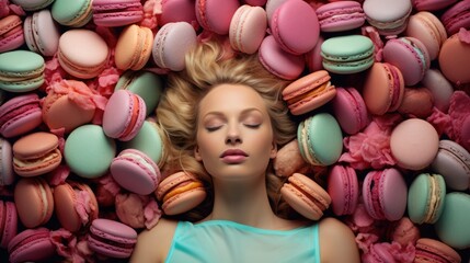 Glamorous Woman Lounging Amidst a Colorful Heap of Macarons - Luxury Lifestyle and Sweet Temptation