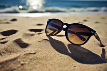 sunglasses on sandy shore,. Generative AI