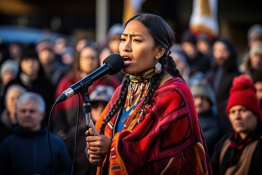Female politician or speaker delivers a speech before an audience