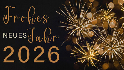Frohes neues Jahr 2026 Silvester Feiertag Grußkarte mit deutschem Text - Goldenes gelbes Feuerwerk...