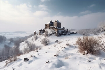 Forgotten medieval castle and small settlement and cold winter generative ai