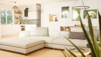 Modern luxury living room with kitchen and stairs. Stylish two floor house. 3d render