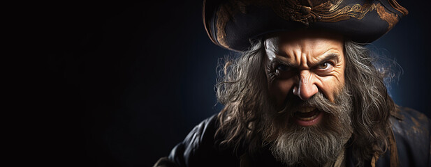 portrait of an angry old pirate captain in a hat on black background with a copy space