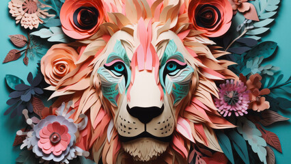 Colorful portrait of lion surrounded with spring flowers. Abstract creative idea of animal in paper sculptures collage style. - obrazy, fototapety, plakaty