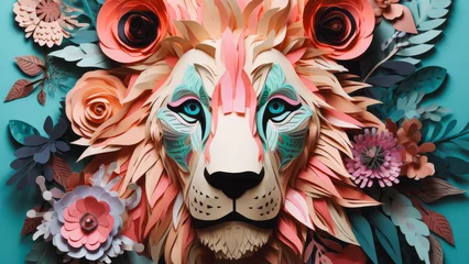 Foto op Canvas Colorful portrait of lion surrounded with spring flowers. Abstract creative idea of animal in paper sculptures collage style. © Santijago
