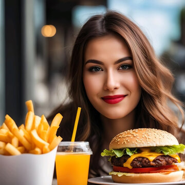 Mujer veinteañera frente a una mesa con comida rápida hamburguesa patatas fritas y zumo 