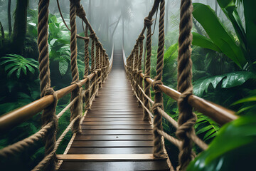 Wooden rope bridge in the rainy forest park with tropical plants