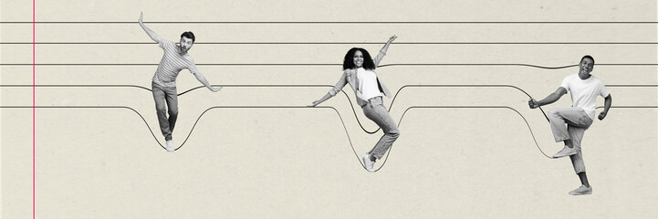 Creative retro magazine collage of carefree students having fun between copybook stripes isolated...