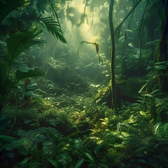 Fototapeta na wymiar Tropical rainforest with fog and sunlight. Dark tone.