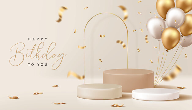 Happy Birthday banner for product demonstration. Beige pedestal or podium with balloons and confetti on beige background.