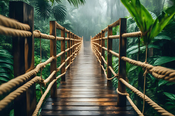 Naklejka premium Wooden rope bridge in the rainy forest park with tropical plants over the river