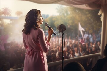 Female politician or speaker delivers a speech before an audience - obrazy, fototapety, plakaty