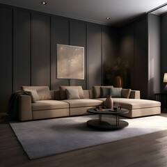 Interior of modern living room with brown walls- wooden floor- comfortable beige sofas and black coffee table. 3d render